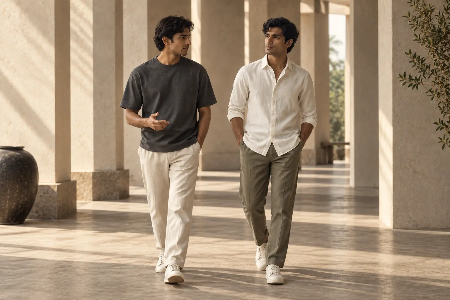 Two Ative models in timeless shirts and T-shirts walking through a sunlit colonnade