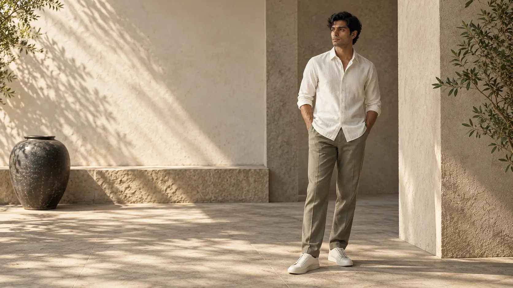 Full-length Ative portrait in a quiet sunlit architectural space