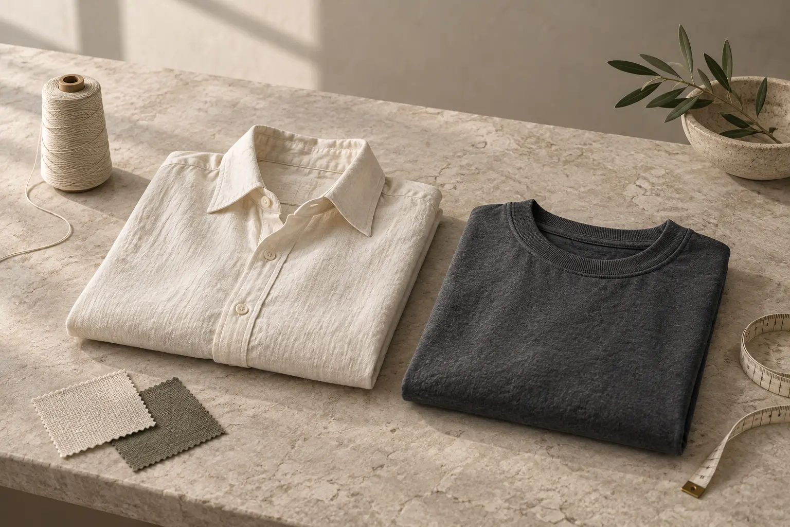 Ative shirt and T-shirt material study on a limestone worktable
