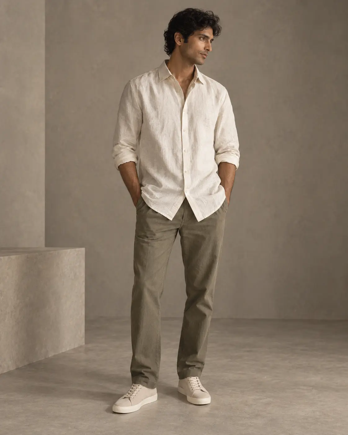 Full-length Ative portrait featuring a textured warm-white shirt